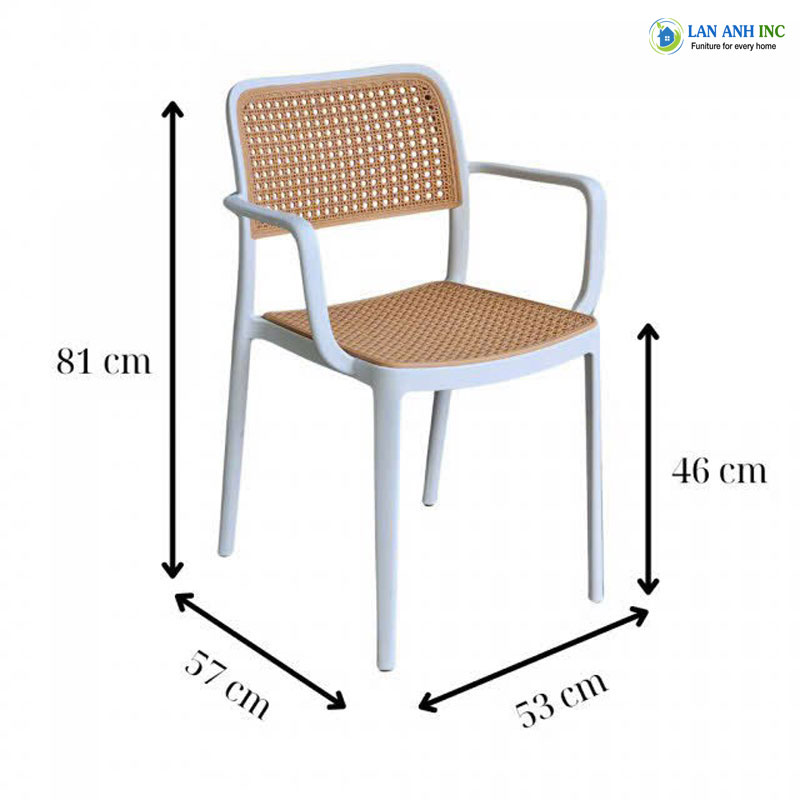 Kích thước ghế nhựa đúc mặt đan mây có tay LA3052 Kích thước ghế nhựa đúc mặt đan mây có tay LA3052