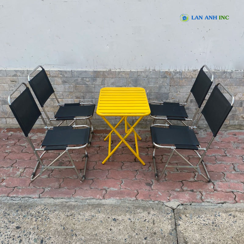 Bộ bàn ghế xếp cafe 1 bàn 4 ghế xếp inox vải bố lưng thấp Bộ bàn ghế xếp cafe 1 bàn 4 ghế xếp inox vải bố lưng thấp