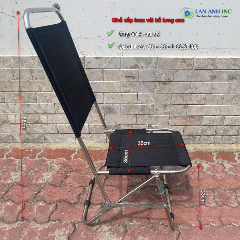 Kích thước Ghế xếp inox cafe câu cá dã ngoại ngoài trời vải bố lưng cao giá rẻ Kích thước Ghế xếp inox cafe câu cá dã ngoại ngoài trời vải bố lưng cao giá rẻ