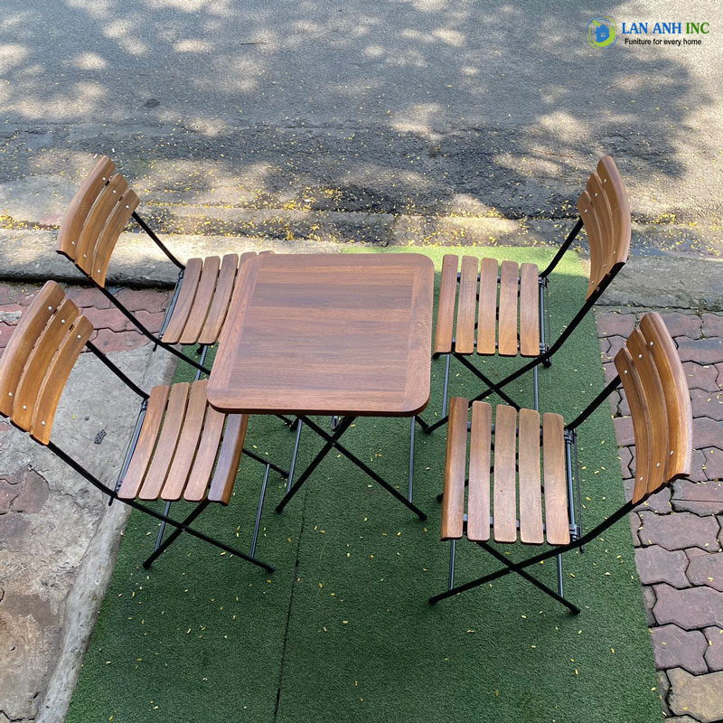 Bộ bàn cafe xếp gọn mặt gỗ nan thẳng chân sắt cao 4 ghế 1 bàn LAPX02 Bộ bàn cafe xếp gọn mặt gỗ nan thẳng chân sắt cao 4 ghế 1 bàn LAPX02