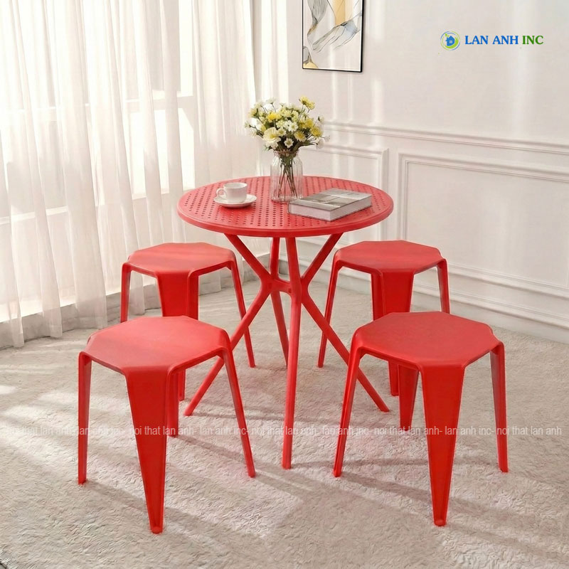 Bộ Bàn Ghế Cafe Tròn 4 Ghế Đôn Nhựa Đúc BBCF55. Bộ Bàn Ghế Cafe Tròn 4 Ghế Đôn Nhựa Đúc BBCF55. - Ảnh 4