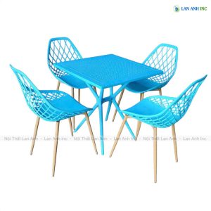 Bộ Bàn Ghế Cafe Vuông 4 Ghế Nhựa Chân Sắt BBCF75