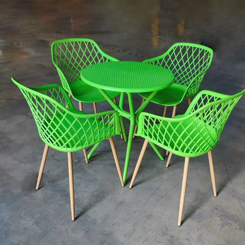 Bộ bàn ghế cafe nhựa tròn 4 ghế nhựa chân sắt ngoài trời đẹp BBCF65