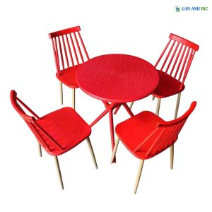 Bộ Bàn Ghế Cafe Nhựa Tròn 4 Ghế Nhựa Chân sắt BBCF66