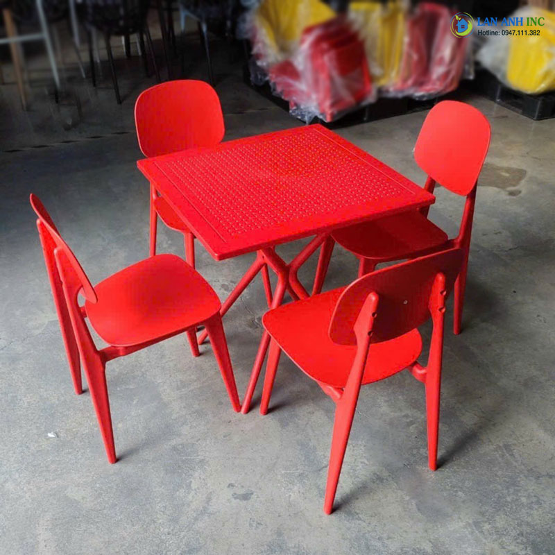 Bộ bàn ghế cafe vuông 4 ghế đôn nhựa đúc đẹp hiện đại BBCF56 bộ màu đỏ Bộ bàn ghế cafe vuông 4 ghế đôn nhựa đúc đẹp hiện đại BBCF56 bộ màu đỏ