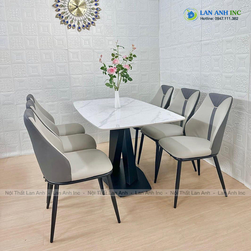 Bộ bàn ăn 6 ghế ăn bọc da chân sắt cao cấp CAVEN LA73 Bộ bàn ăn 6 ghế ăn bọc da chân sắt cao cấp CAVEN LA73