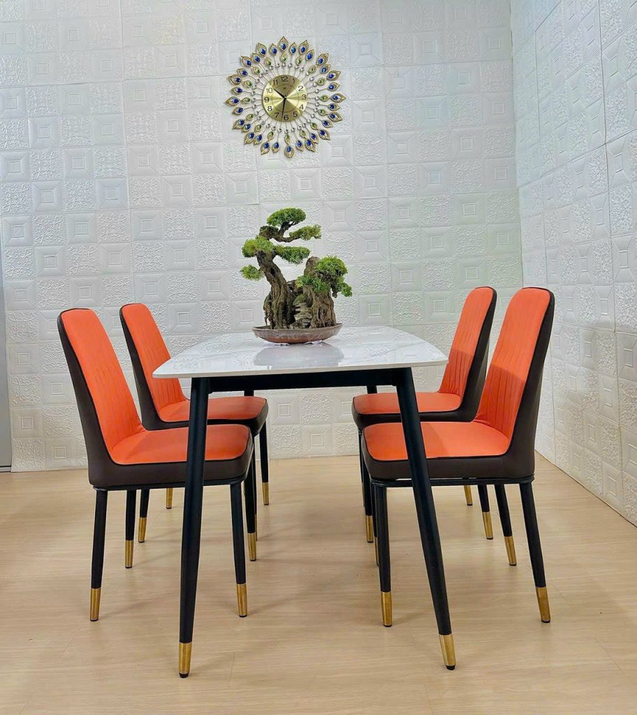 Bộ bàn ăn 4 ghế ăn bọc da chân sắt cao cấp monet không tay LA28B2 mặt ngồi màu cam đậm – lưng tựa màu nâu Bộ bàn ăn 4 ghế ăn bọc da chân sắt cao cấp monet không tay LA28B2 mặt ngồi màu cam đậm – lưng tựa màu nâu