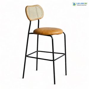 Ghế bar chân sắt mặt đệm tựa lưng gỗ đan mây LAB4006