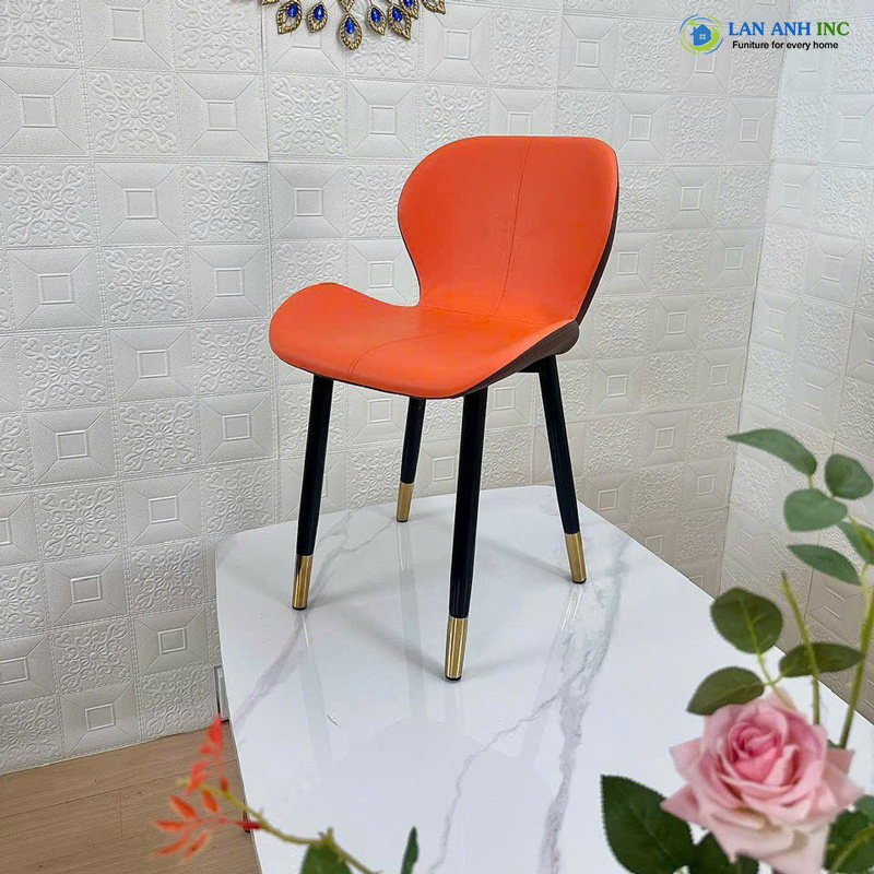 Ghế ăn bọc da chân sắt cao cấp đẹp hiện đại cho bàn ăn Pita LA61 mặt ngồi màu cam lưng tựa màu nâu Ghế ăn bọc da chân sắt cao cấp đẹp hiện đại cho bàn ăn Pita LA61 mặt ngồi màu cam lưng tựa màu nâu