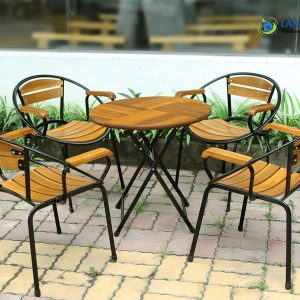 Bộ bàn cafe gỗ xếp gọn ngoài trời 2 ghế mini BBCF09 ban tron cafe mini xep gon go chan sat 6