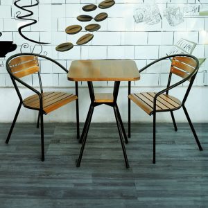 Bộ bàn ghế cafe vuông 2 ghế gỗ chân sắt đẹp BBCF30