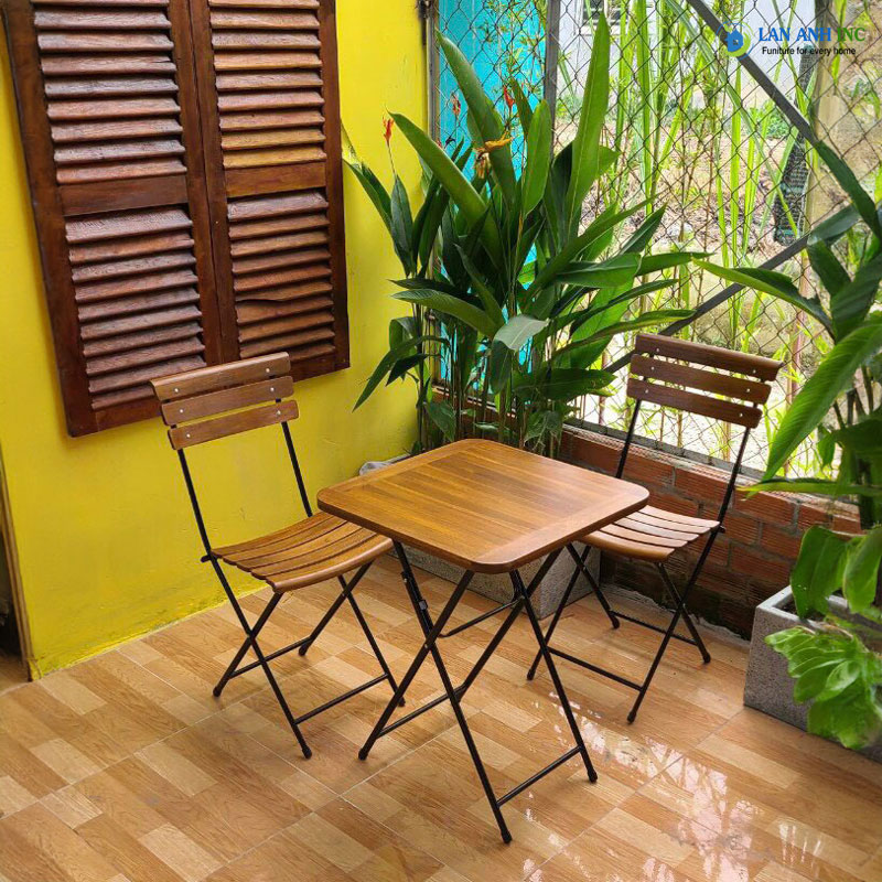Bộ bàn cafe vuông cao xếp gọn 2 ghế gỗ chân sắt BBCF32