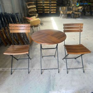 Bộ bàn cafe, bàn ăn nhỏ tròn 2 ghế gỗ chân sắt xếp gọn BBCF31