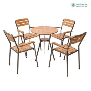 Bộ bàn cafe gỗ tròn 4 ghế ghế chân sắt có tay BBCF03