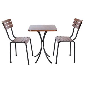 Bộ bàn cafe ngoài trời 2 ghế gỗ chân sắt cao BBCF12