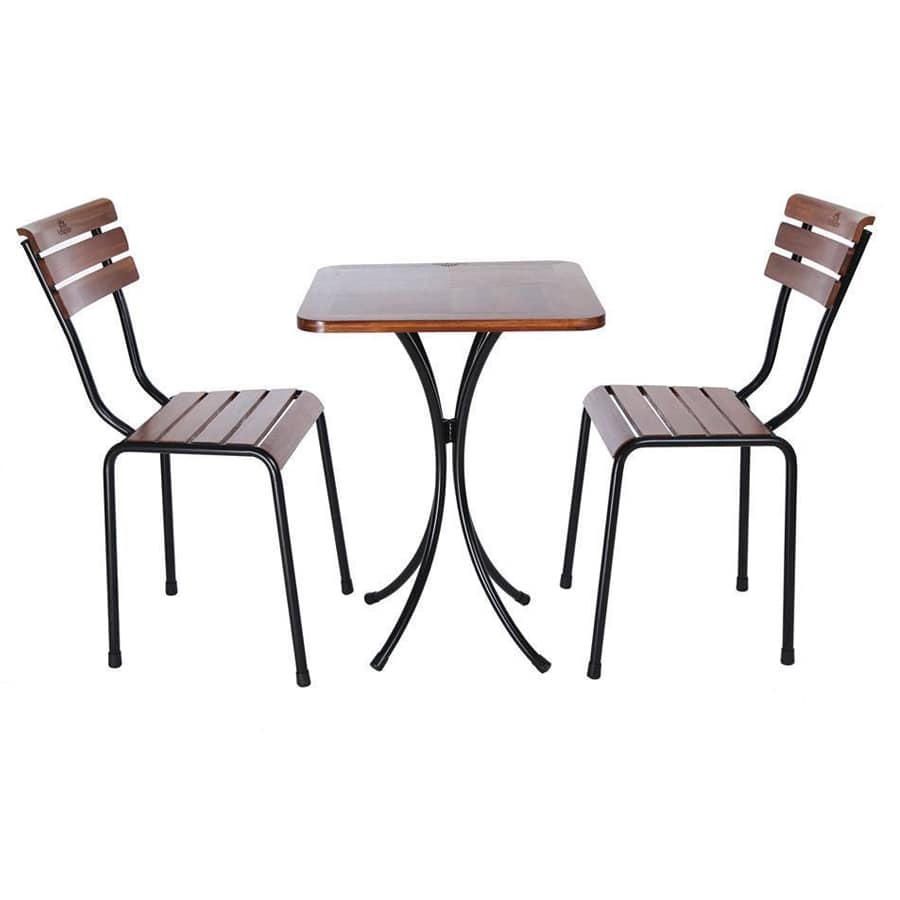 Bộ bàn cafe ngoài trời 2 ghế gỗ chân sắt cao BBCF12 Bộ bàn cafe ngoài trời 2 ghế gỗ chân sắt cao BBCF12