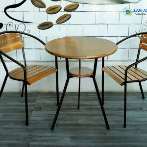 Bộ bàn cafe tròn 2 ghế gỗ chân sắt cao BBCF36