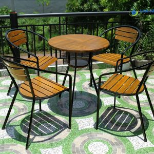 Bàn cafe tròn ngoài trời gỗ chân sắt cao đẹp giá rẻ LAPX13 bo ban ghe cafe tron chan sat cao lapx13 2