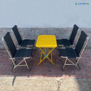 Bộ bàn ghế cafe xếp gọn 4 ghế inox lưới lò xo khung to lưng thấp BBGX04