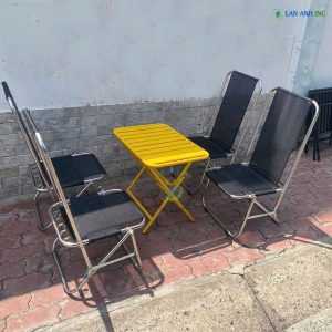 Bộ bàn ghế cafe xếp gọn 4 ghế inox lưới lò xo khung to lưng cao BBGX03