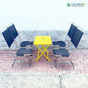 Bộ bàn ghế xếp inox cafe vải bố lưng cao gấp gọn giá rẻ