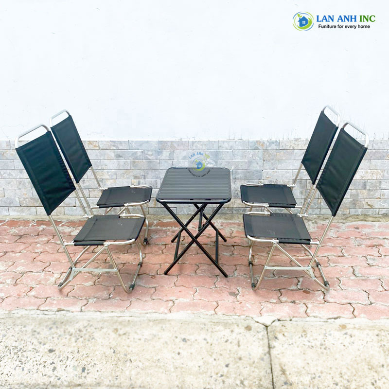 Bộ bàn ghế xếp inox cafe câu cá dã ngoại ngoài trời vải bố lưng cao bộ bàn đen Bộ bàn ghế xếp inox cafe câu cá dã ngoại ngoài trời vải bố lưng cao bộ bàn đen