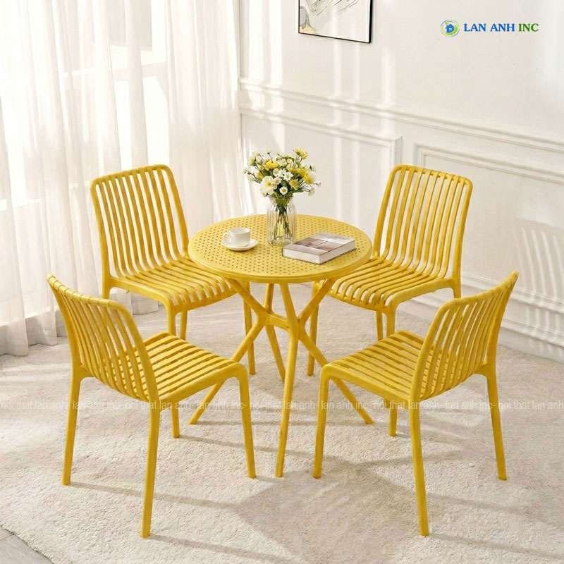 Bộ bàn ghế cafe tròn 4 ghế nhựa đúc nguyên khối đẹp hiện đại BBCF119 bộ màu vàng Bộ bàn ghế cafe tròn 4 ghế nhựa đúc nguyên khối đẹp hiện đại BBCF119 bộ màu vàng